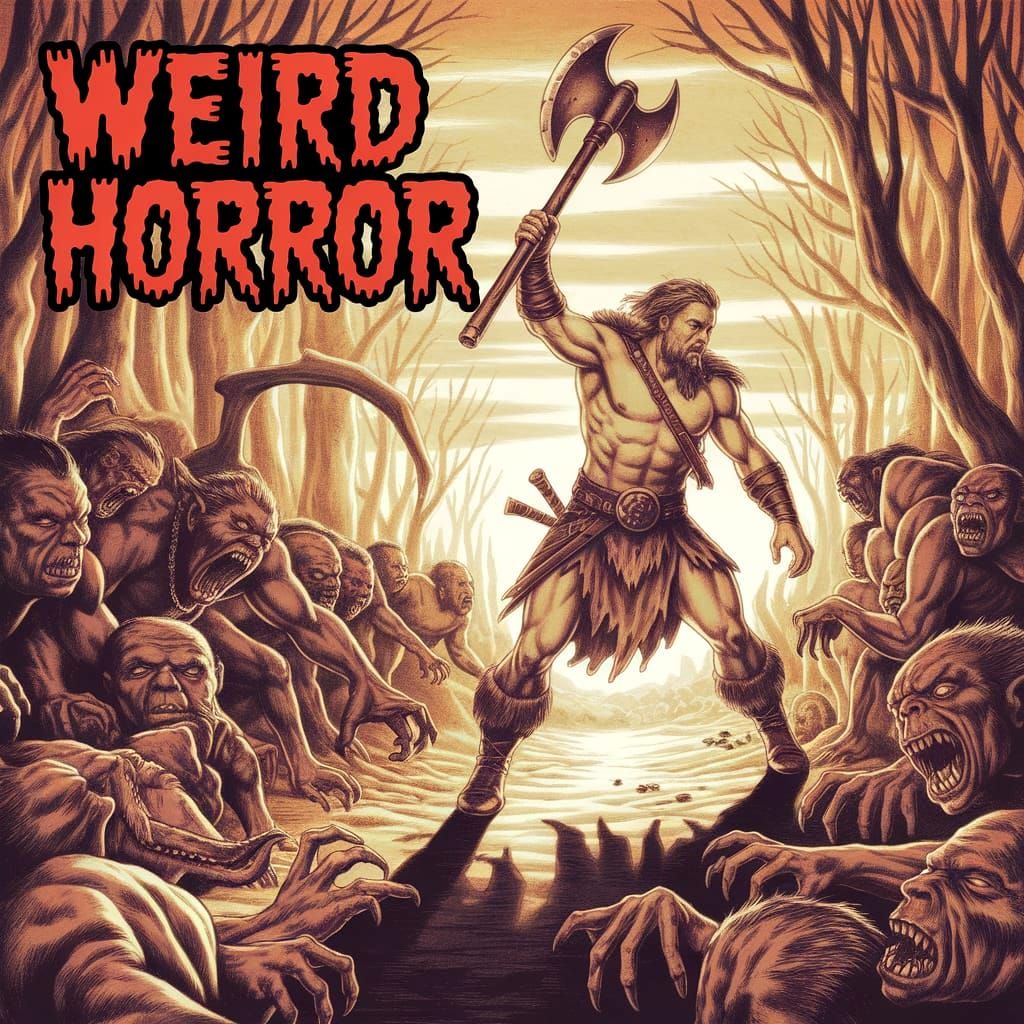 Epic Pulp Magazine-Style Battle of a Barbarian vs Monsters