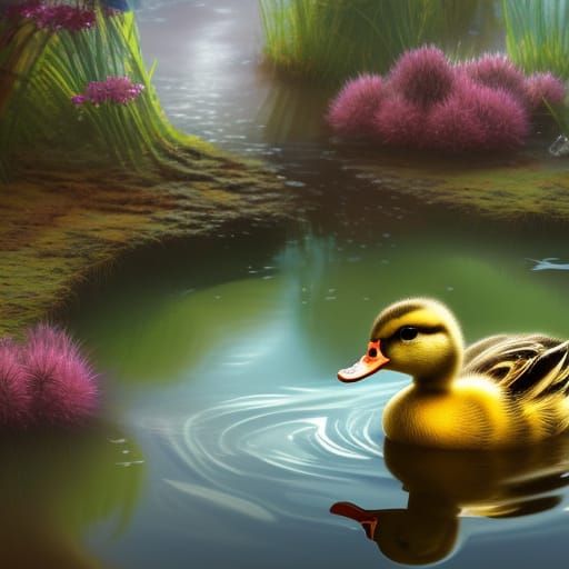 Cute Duckling in Pond: Detailed Fantasy Art