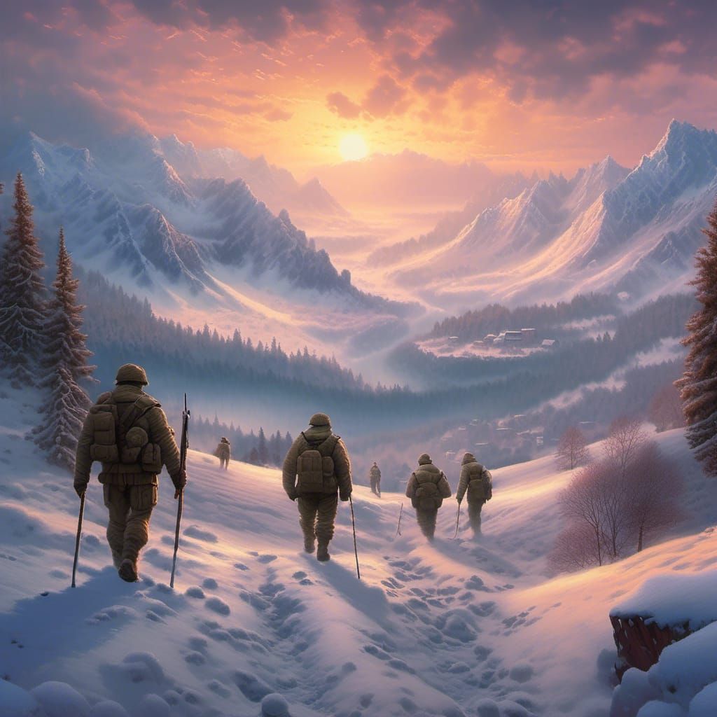 Soldiers in Snowy Landscape at Dawn: Matte Painting