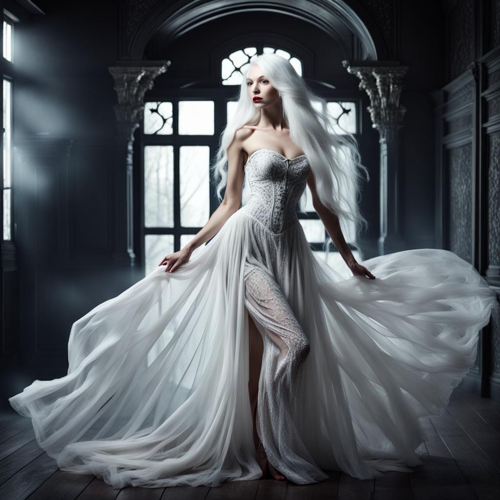 Fantasy Woman with Long White Hair in Dark House