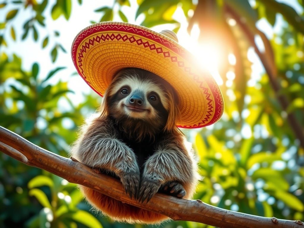 Smiling Sloth in Sombrero, Lush Foliage