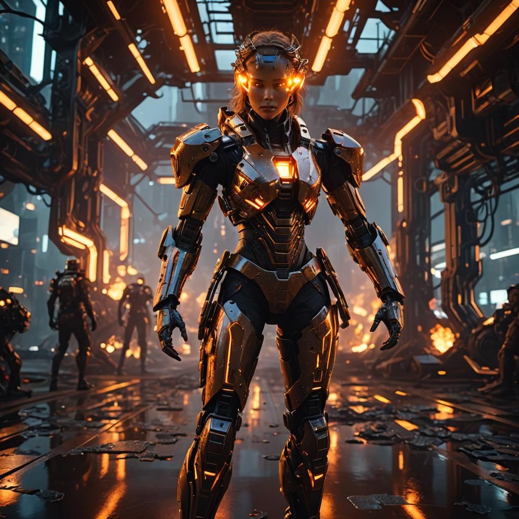 Sci-Fi Girl on Fire with Mech Details