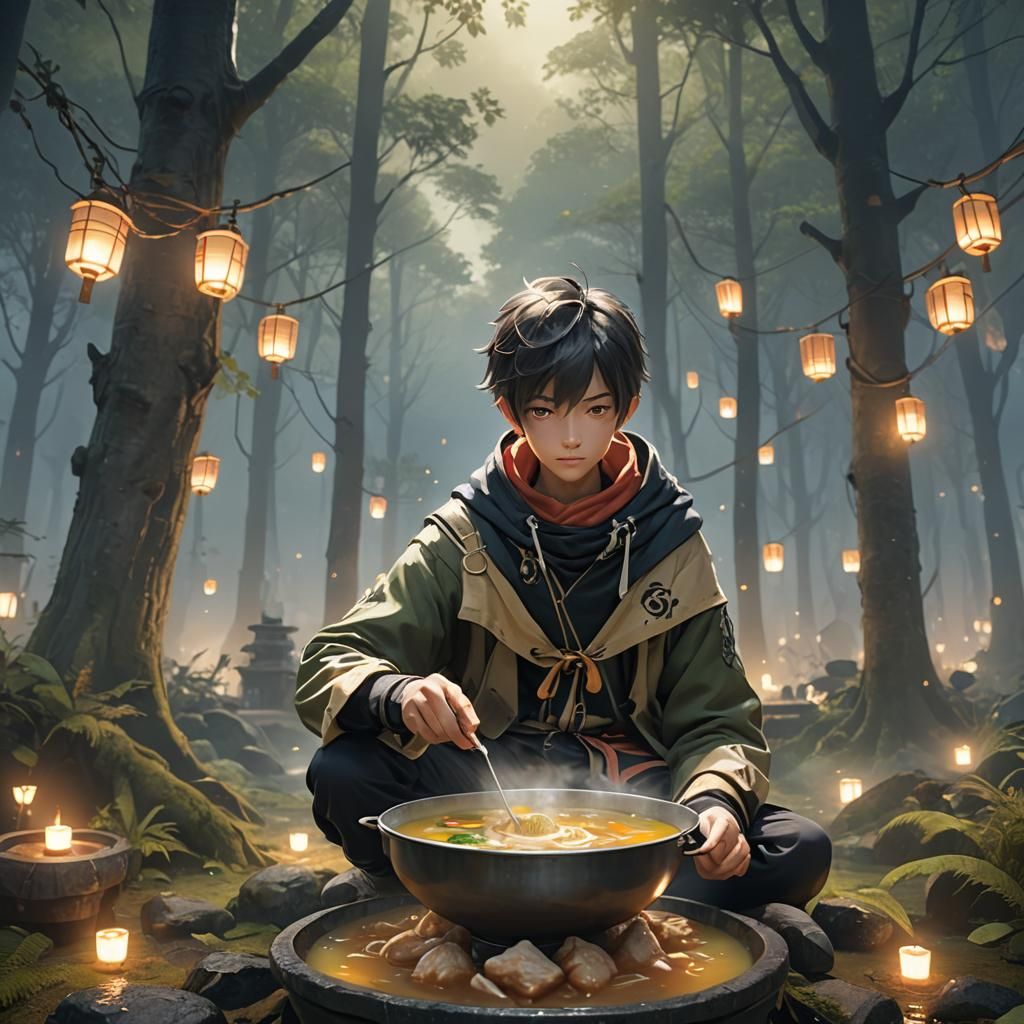 Boy with Chicken Soup in Misty Forest: 3D Anime Art