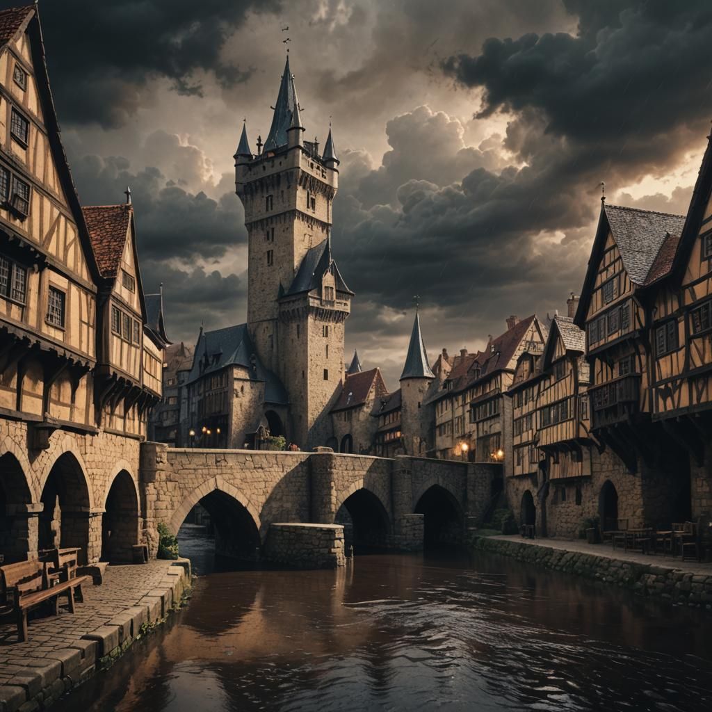 Medieval Town Under Dark Clouds: Digital Matte Painting