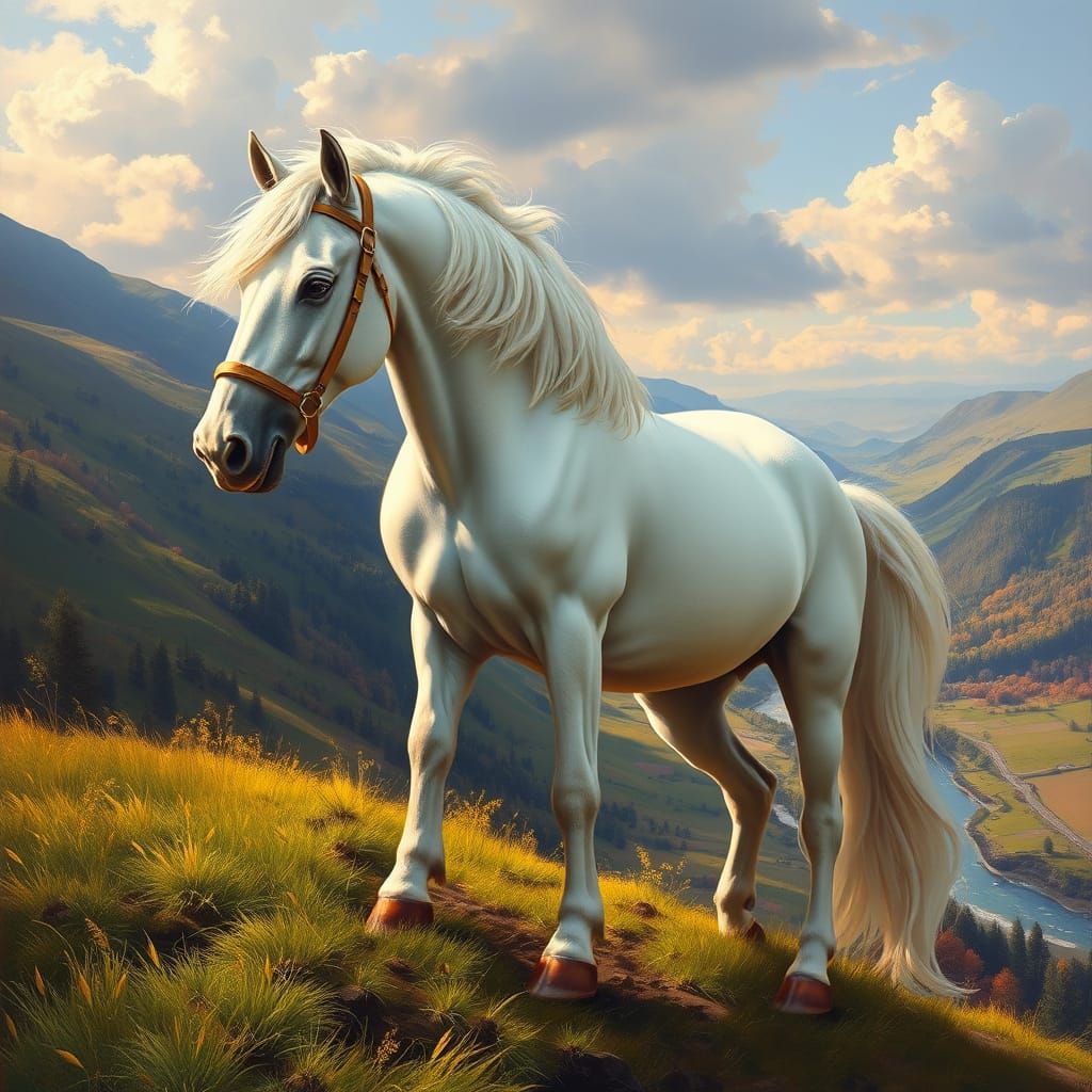 Majestic White Stallion Overlooking River Valley