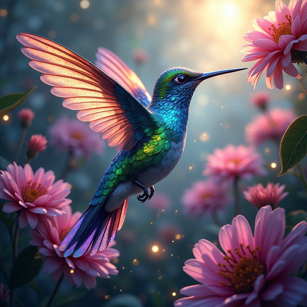 Hummingbird in Stained Glass Paradise