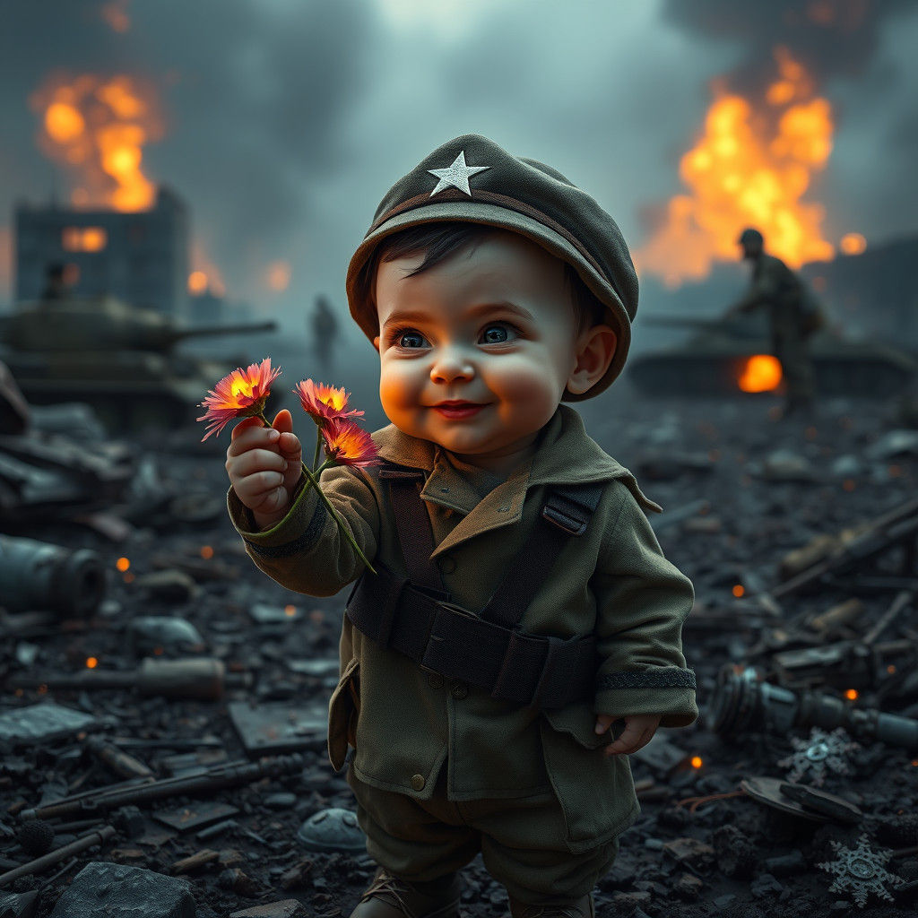 Child Soldier Offers Flowers on Battlefield