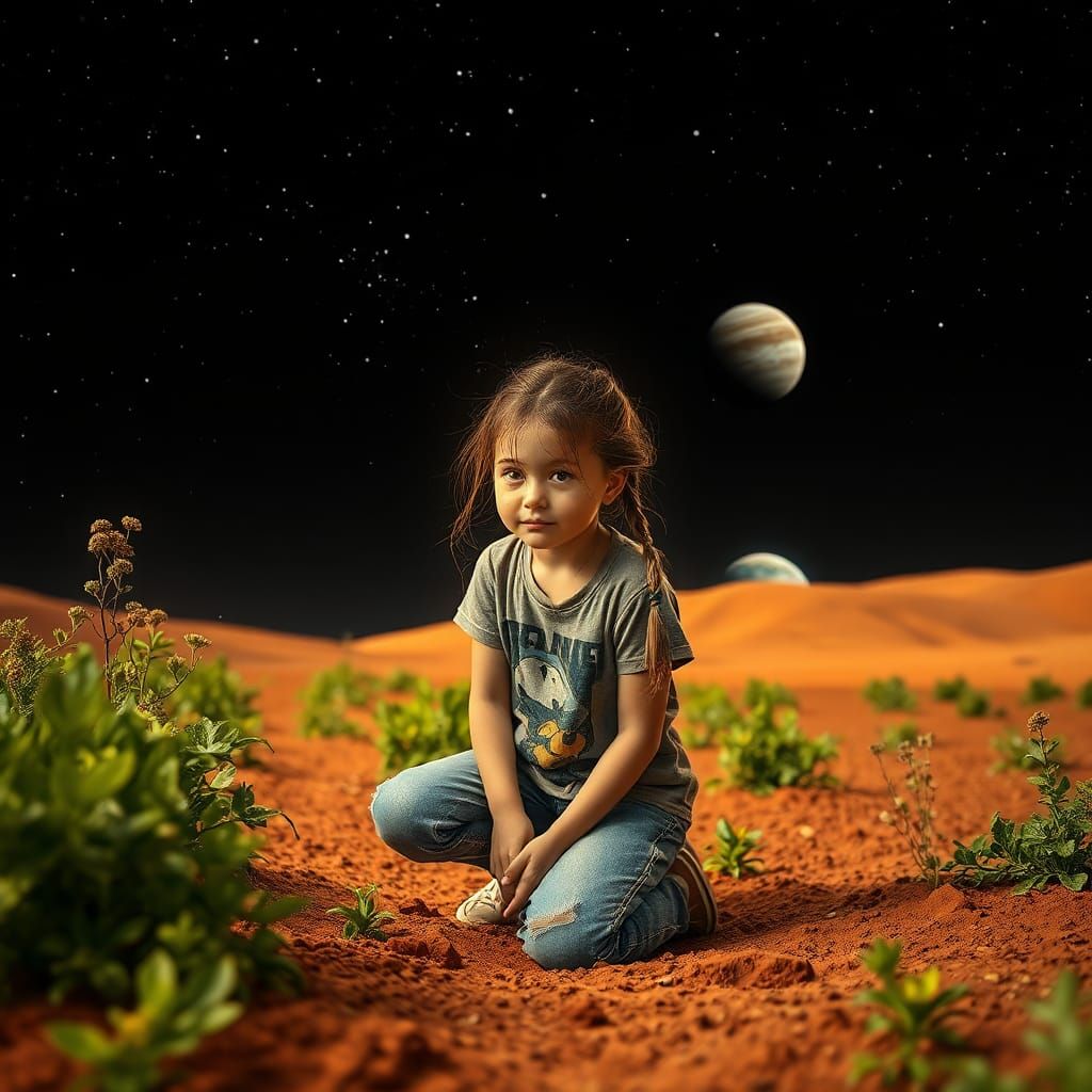 Martian Girl's Garden: Earth and Jupiter Rising