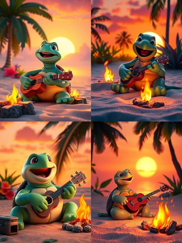 Joyful Turtle's Sunset Ukulele Serenade: Cartoon Style