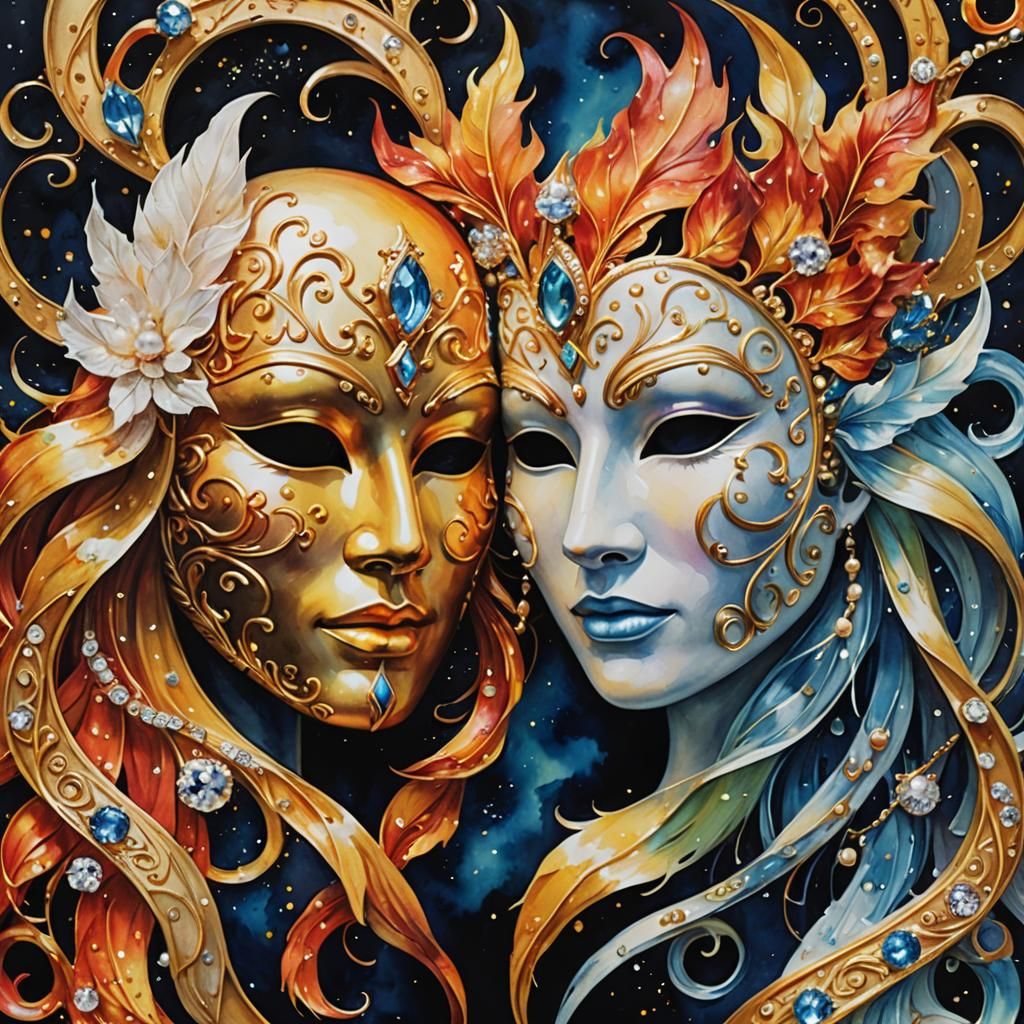 Watercolor Fire and Ice Masks with Gold Details