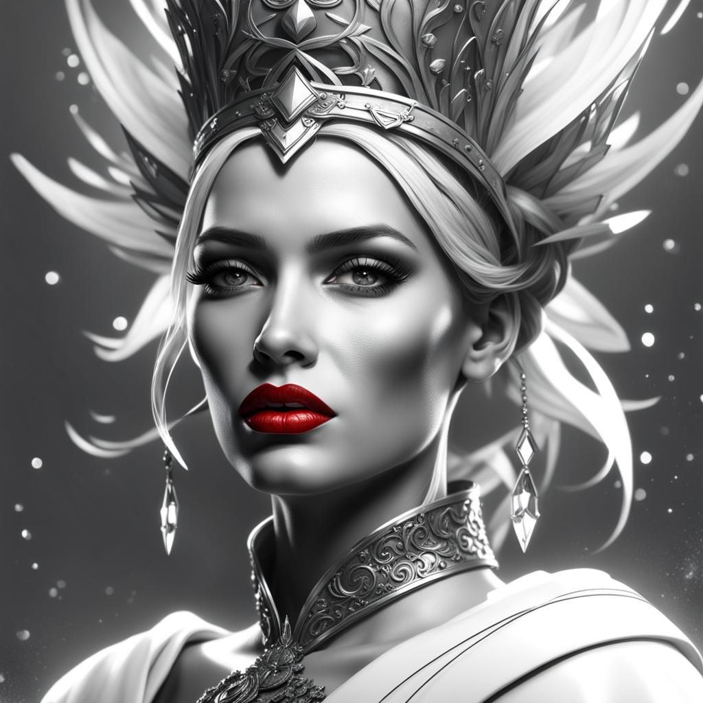Monochrome Fantasy Queen Portrait with Red Lips
