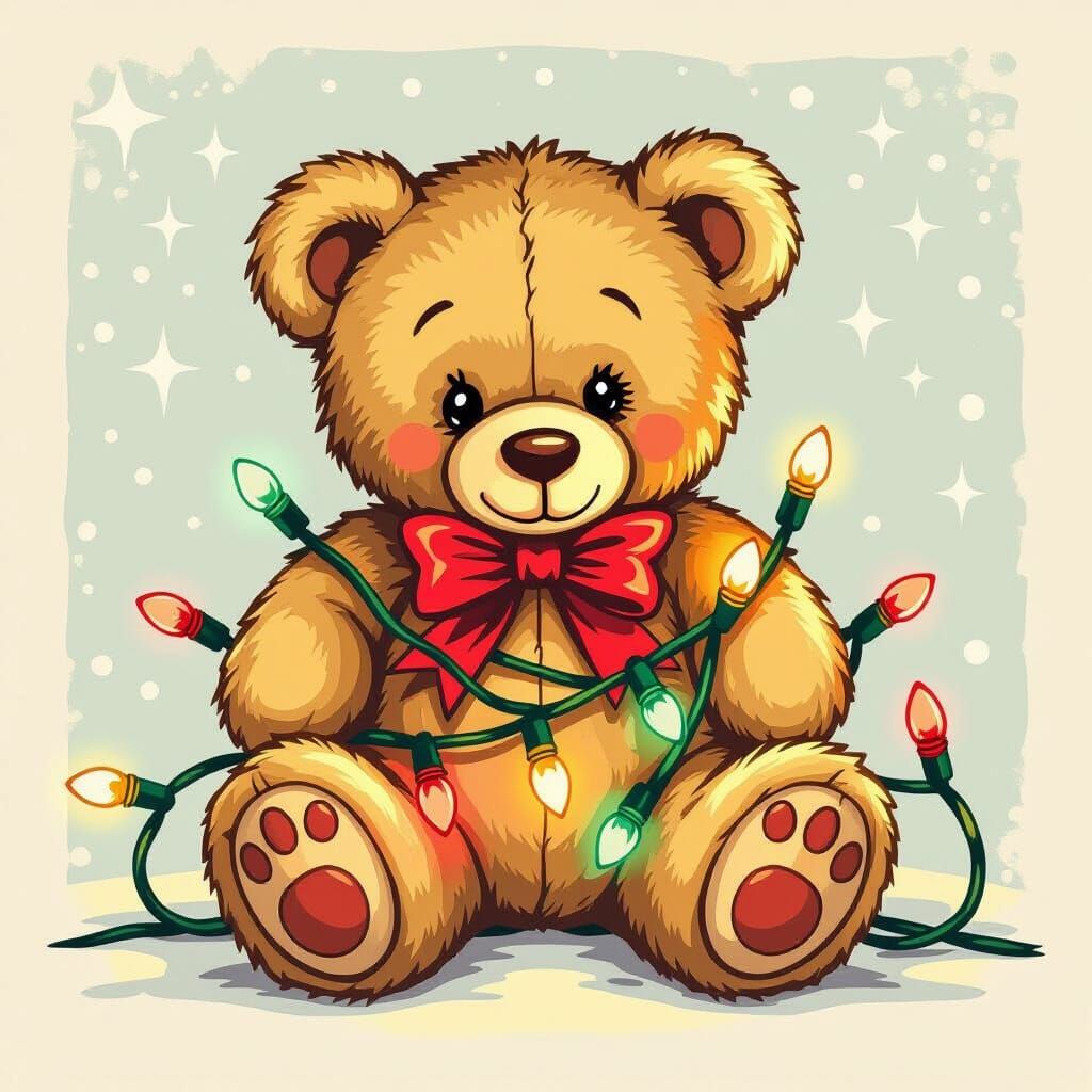 Retro Teddy Bear in Christmas Lights Sticker Art