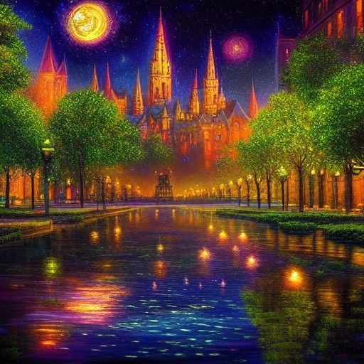 Magical Floating City at Starry Night