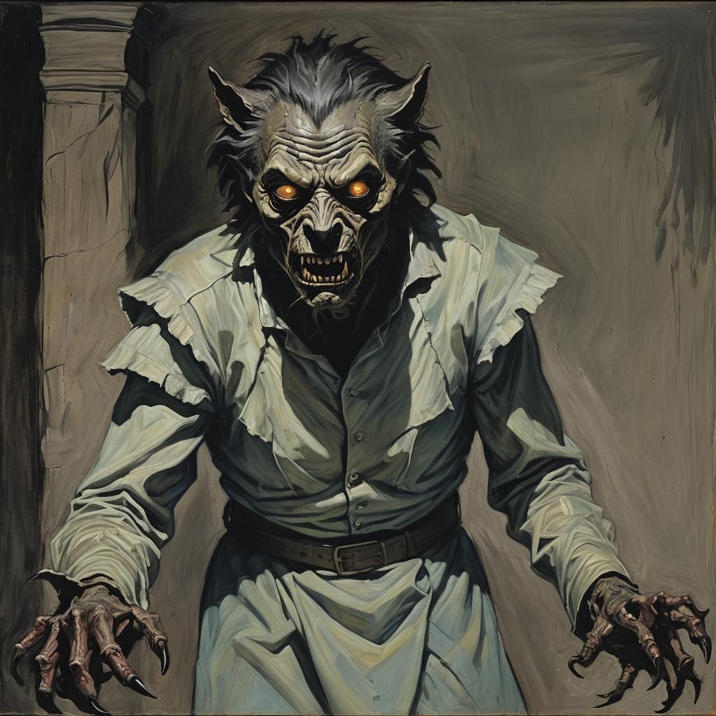 Werewolf-Mummy Hybrid in Haunted Mansion, Pastel Art