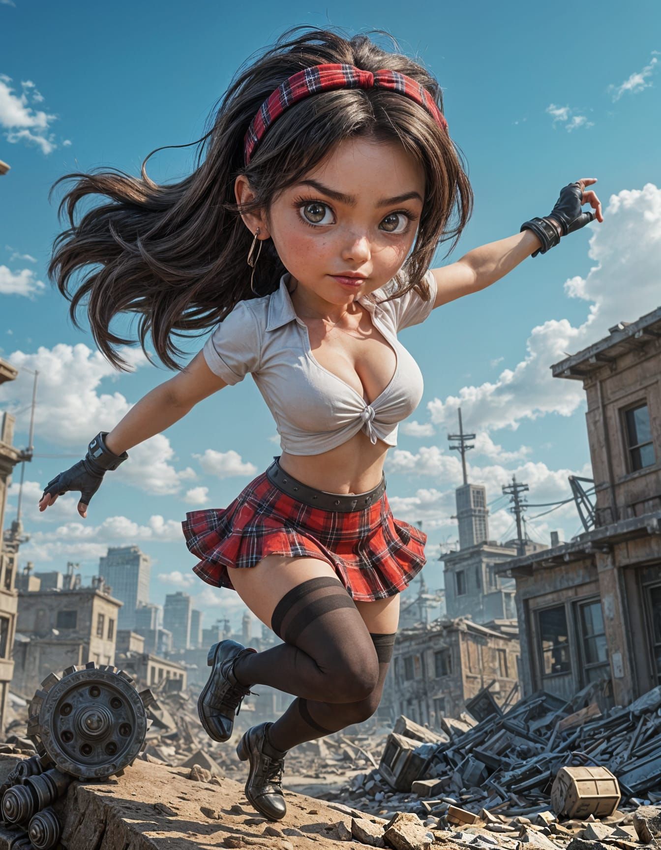 Dynamic Pixar-Style Woman Parkours Through Wasteland