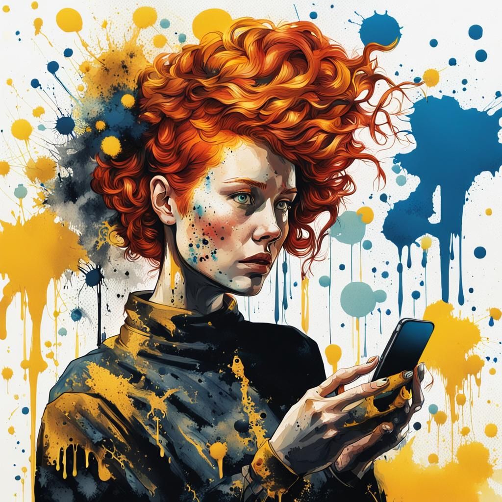 Ink Splatter Girl with Smartphone: Surreal Art
