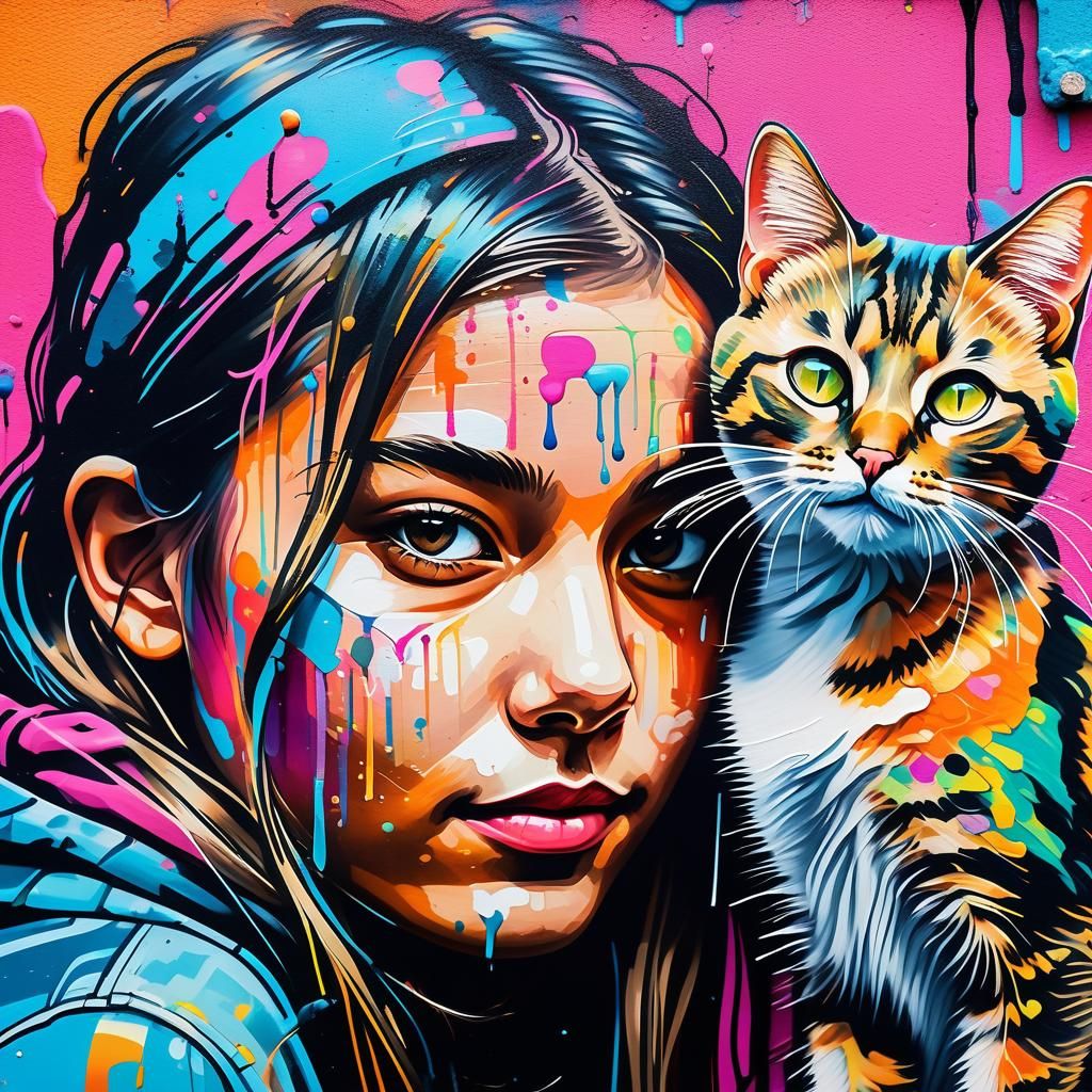 Girl and Cat in Vibrant Street Art Style