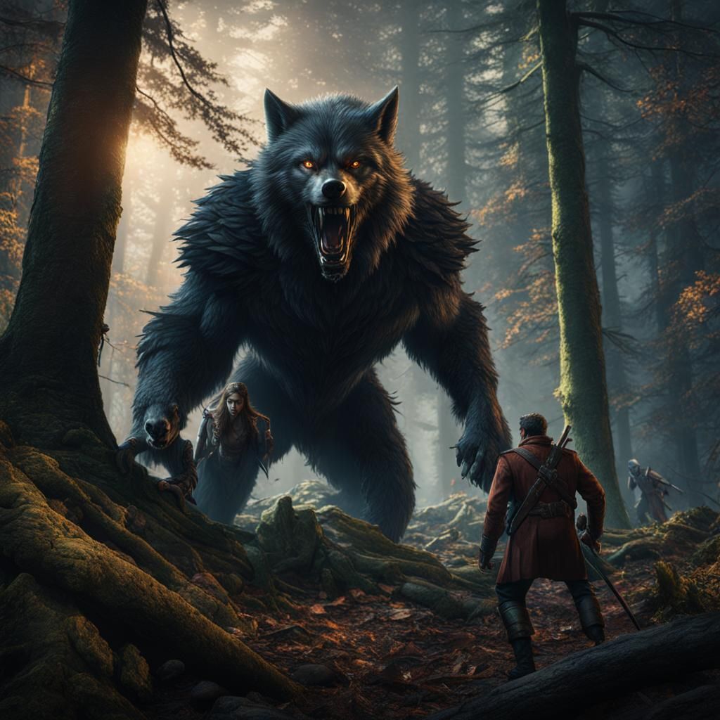 Wolfman Hunting Victims in Dark Woods