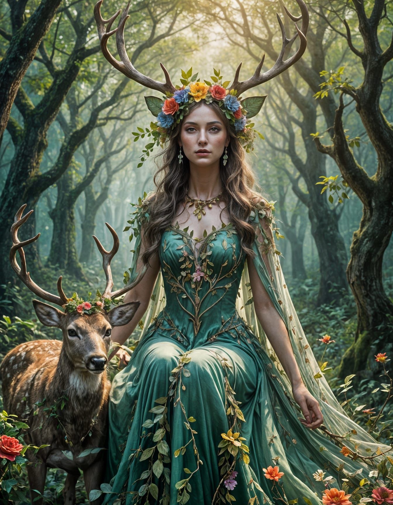 Ethereal Woman with Deer Antlers in Fantasy Portrait