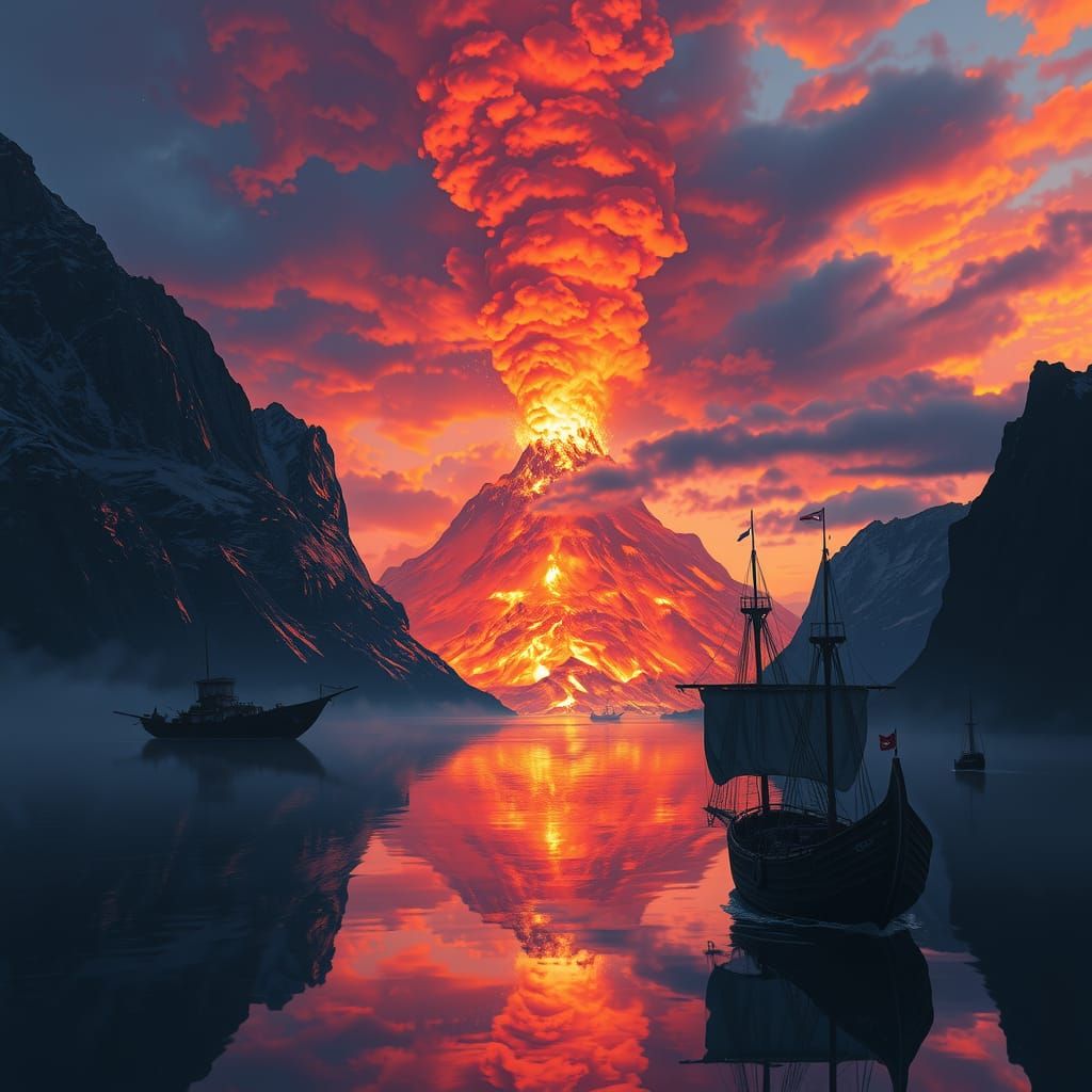 Dramatic Volcano Sunset Over Lofoten Landscape