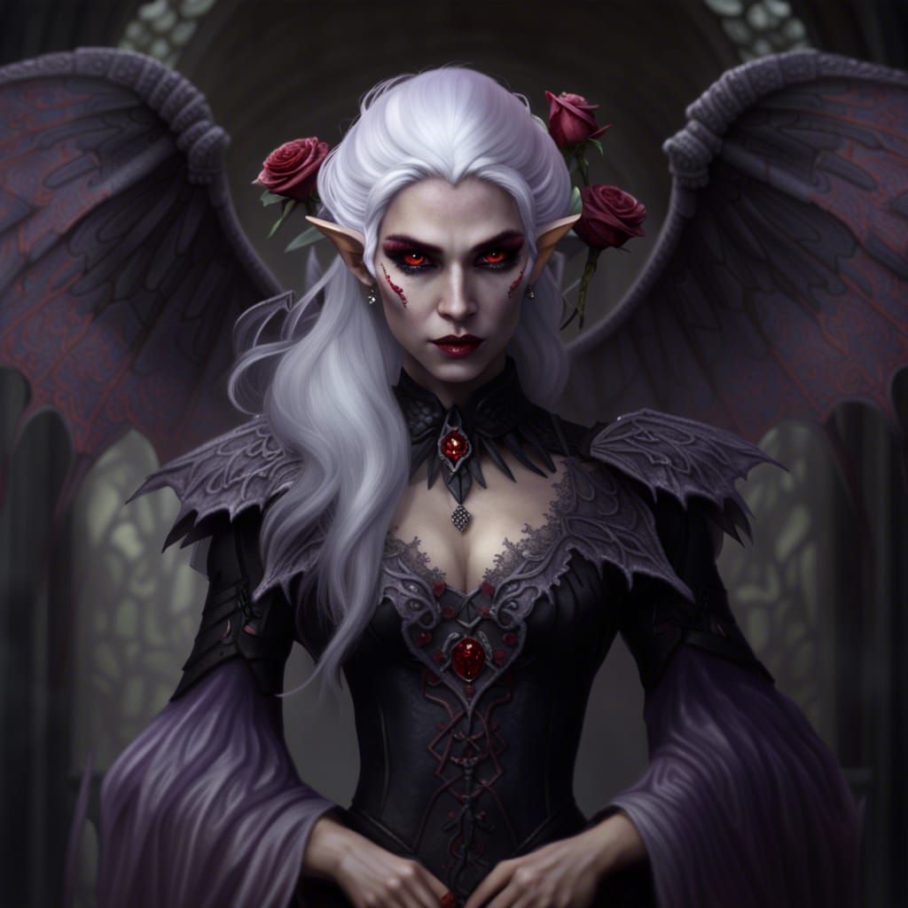 Vampire Elf in Rose Dress: Fantasy Concept Art