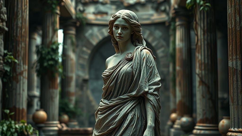 Weathered Statue in Ancient Ruins