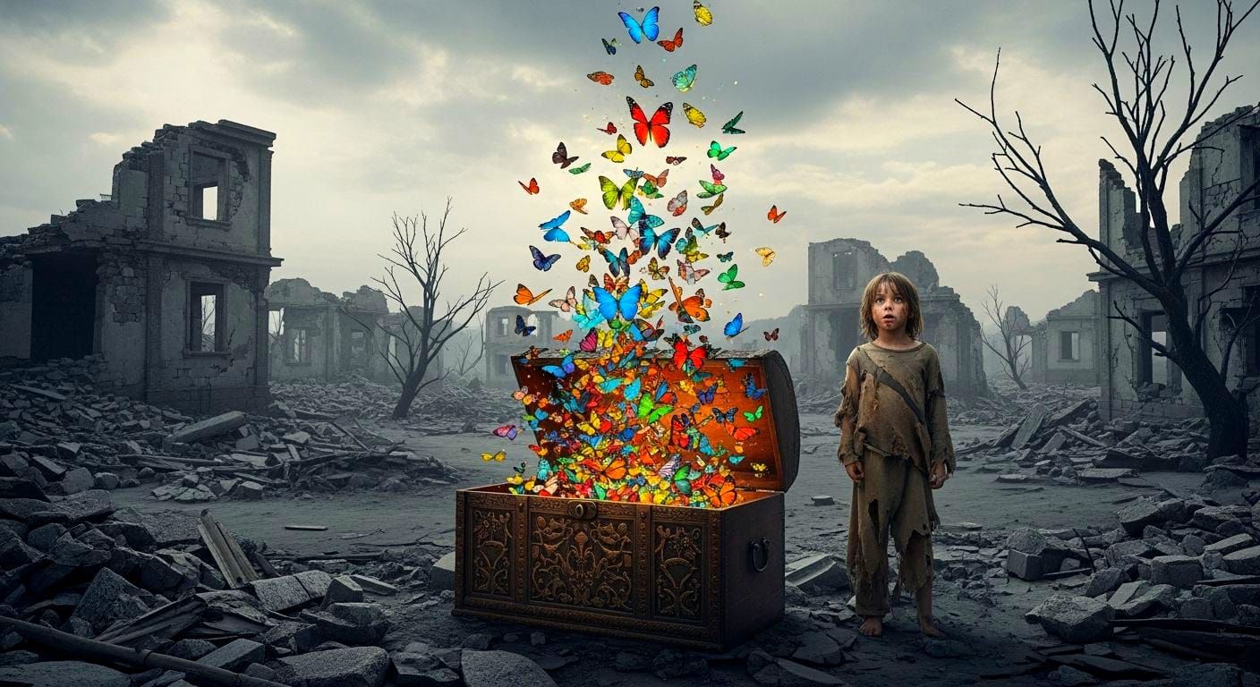 Hope Emerges: Child and Butterflies in Ruins