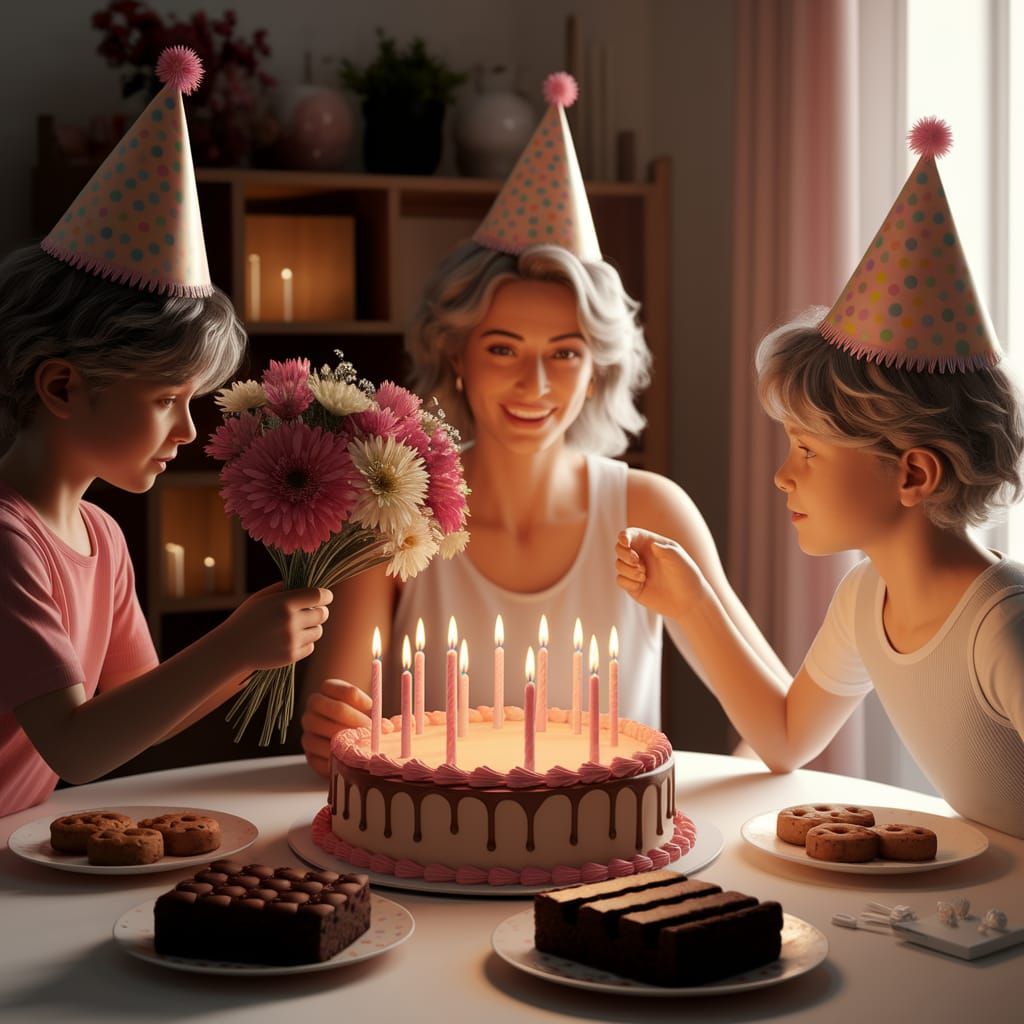 Mother's Birthday Celebration in Vibrant, Dreamlike Photorea...