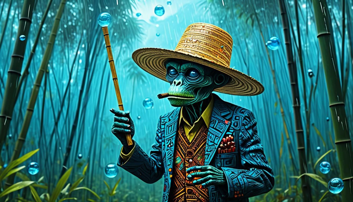 Alien in Bamboo Forest: Surreal Digital Art