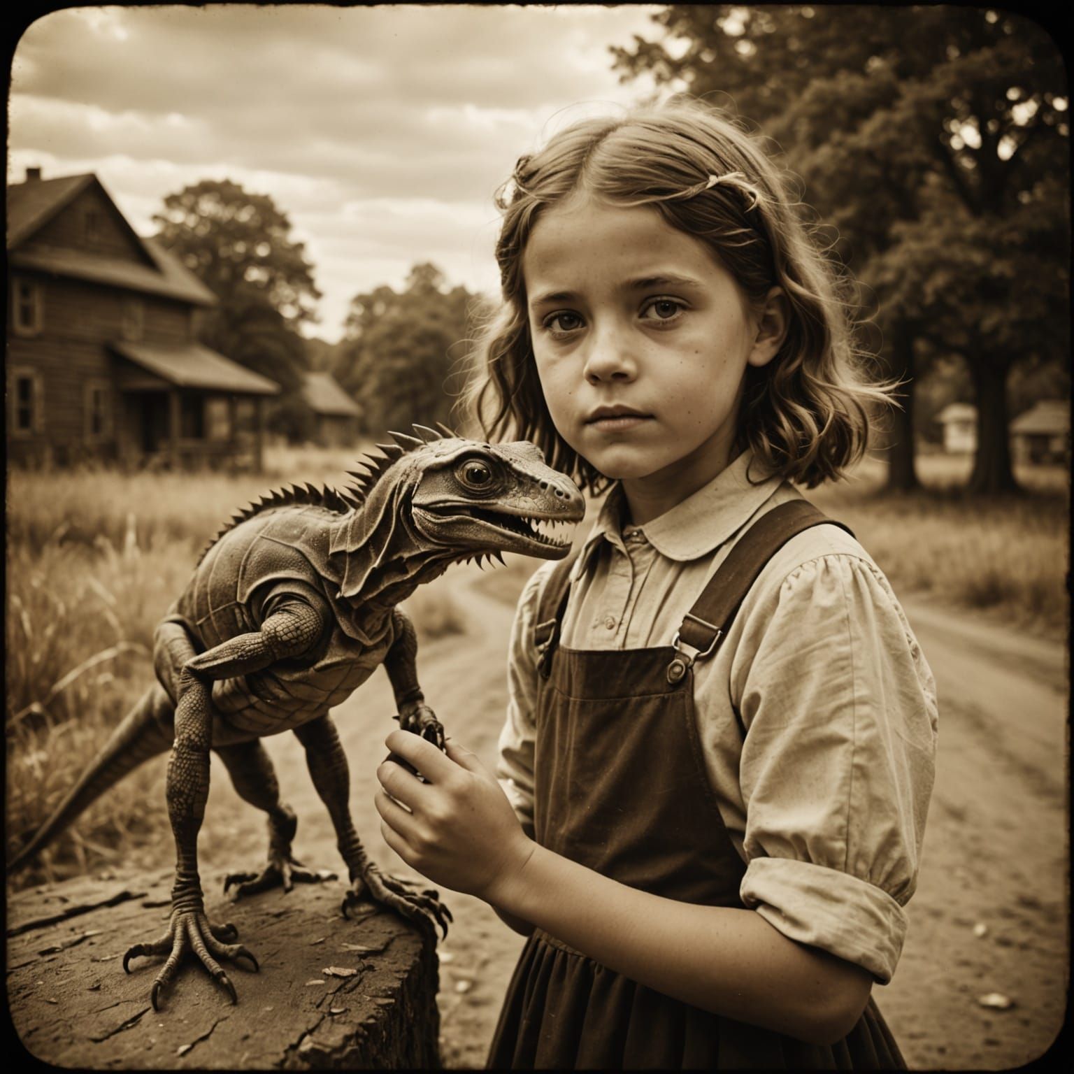 Vintage Sepia Photo of Girl with Bizarre Pet