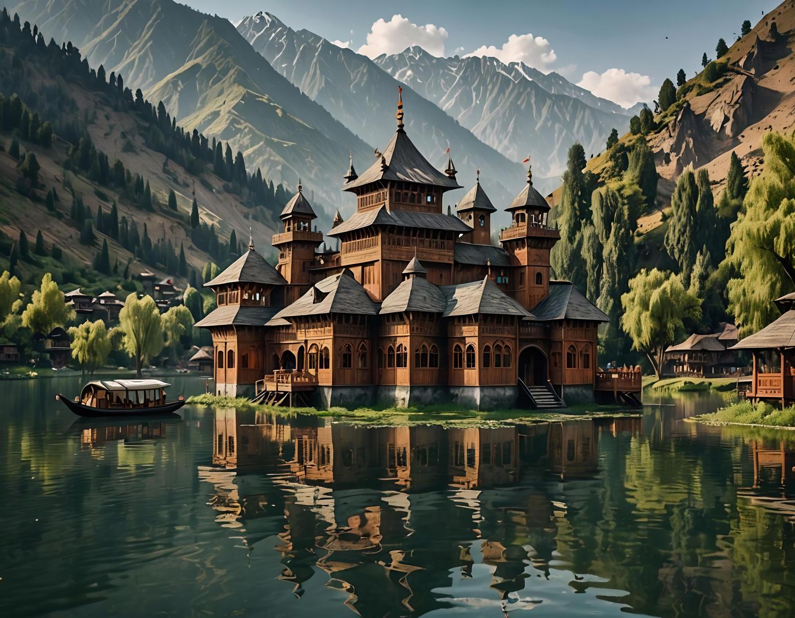 Wooden Castle Floating on Kashmir Lake