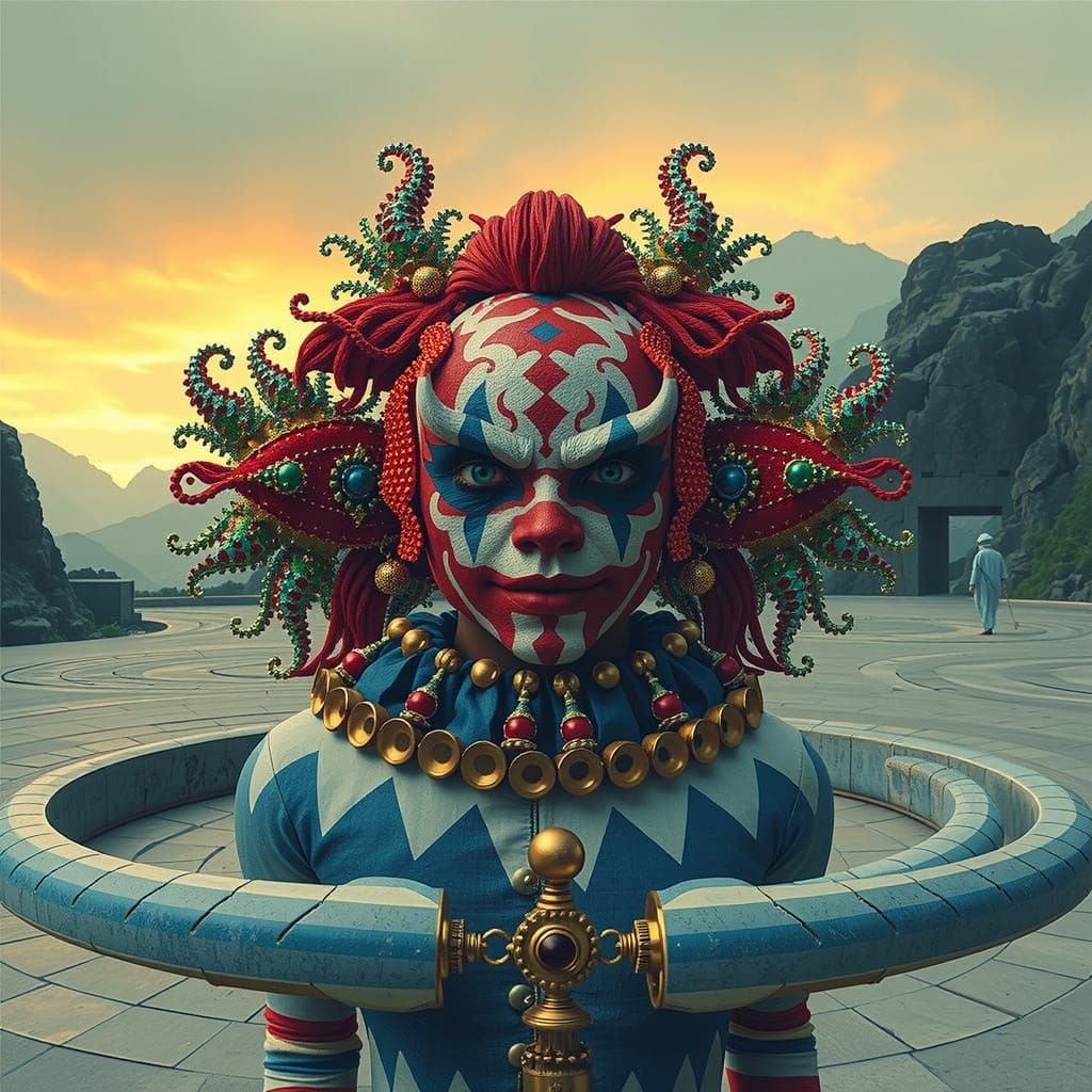 Hyperrealistic Harlequin in Op-Art Labyrinth