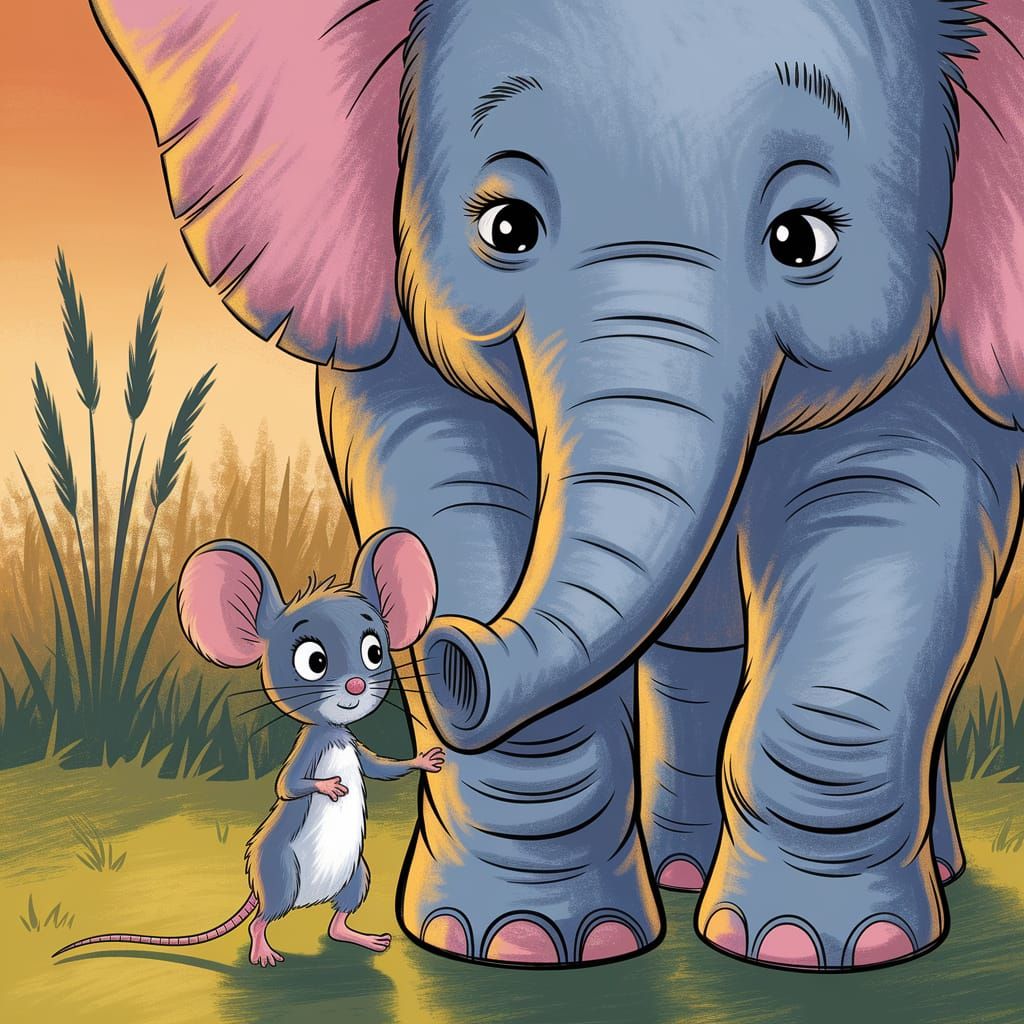 Gentle Giant Elephant and Shy Mouse Illustration