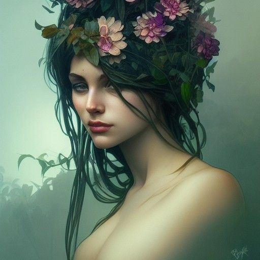 Detailed Plant Woman Portrait in Art Nouveau Style