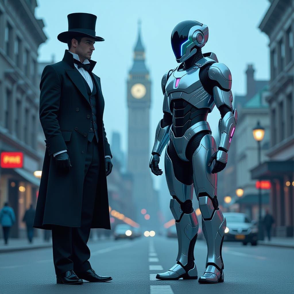 Victorian Man Meets Futuristic Counterpart in Contrasting Ci...