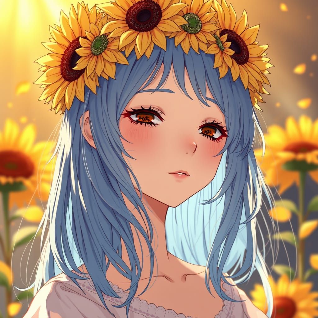 Girl with Indigo Hair and Sunflower Crown in Anime-Inspired ...
