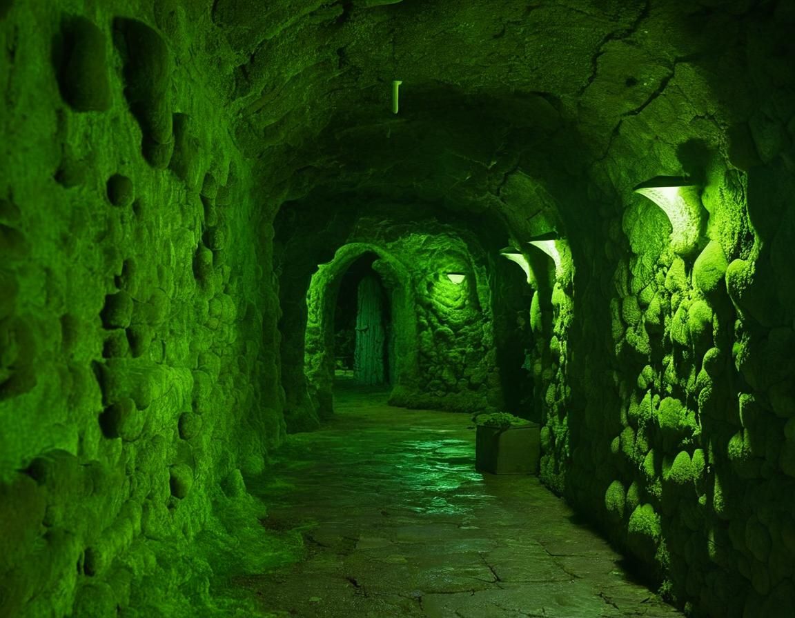 Eerie Green Lit Cavern Hallway