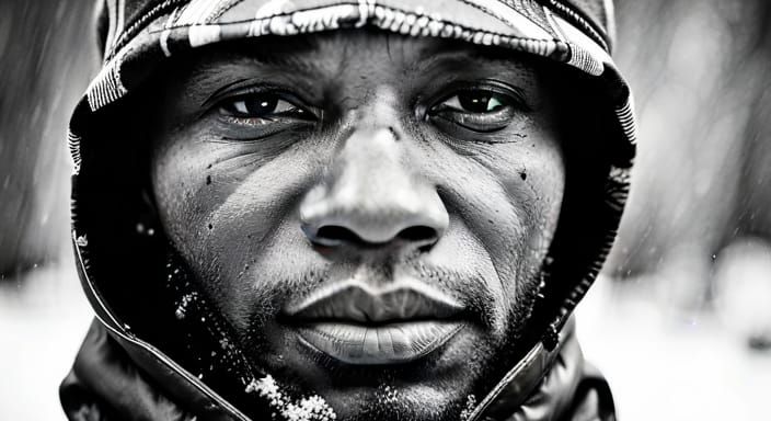 African-American Man in Winter Snowstorm: B&W Portrait