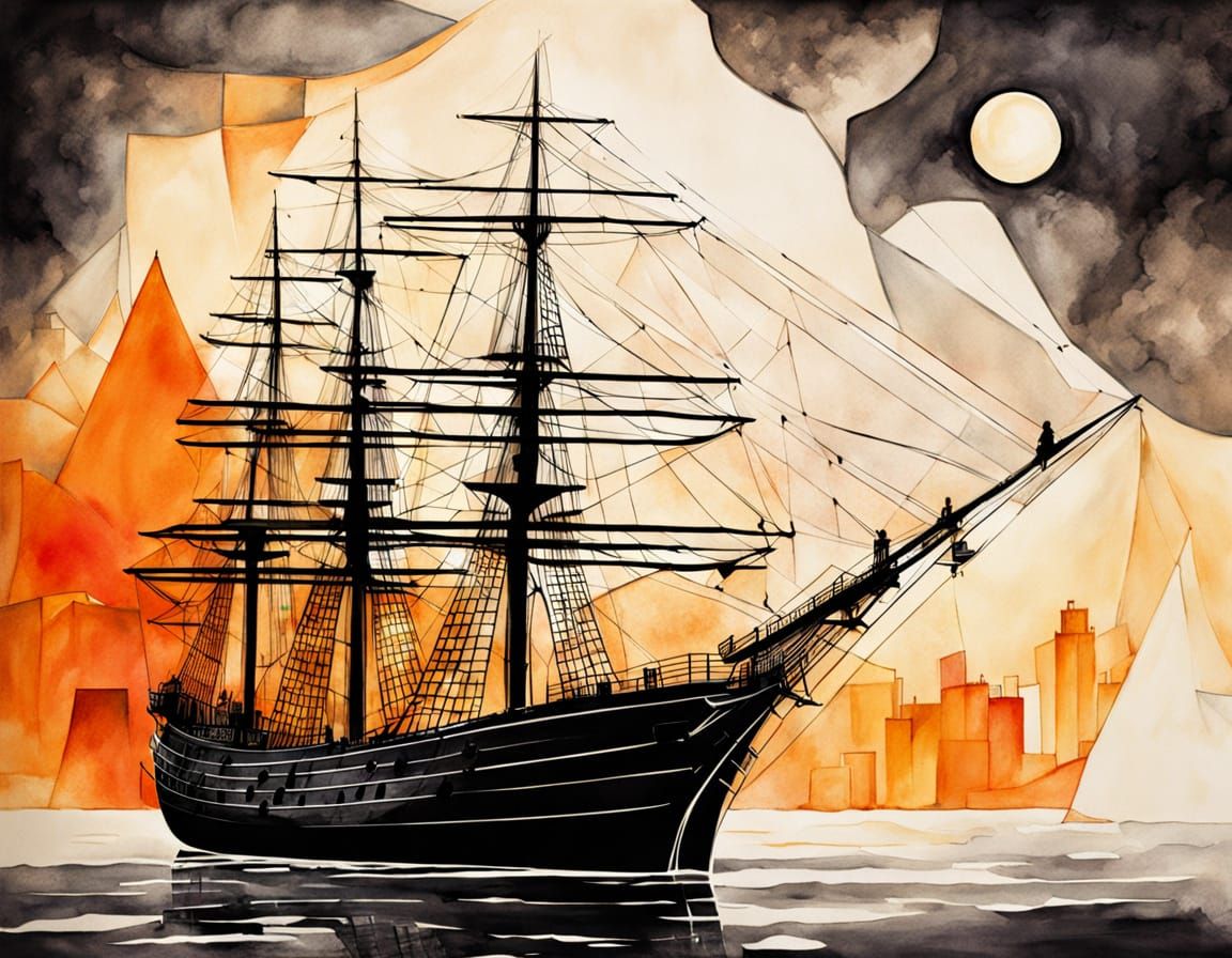 Cubist Flying Sail Ship in Watercolor Landscape