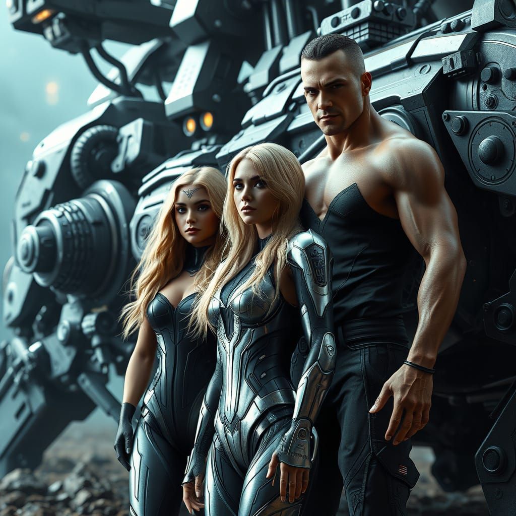 Futuristic Trio with Mech Details in Sci-Fi Scene