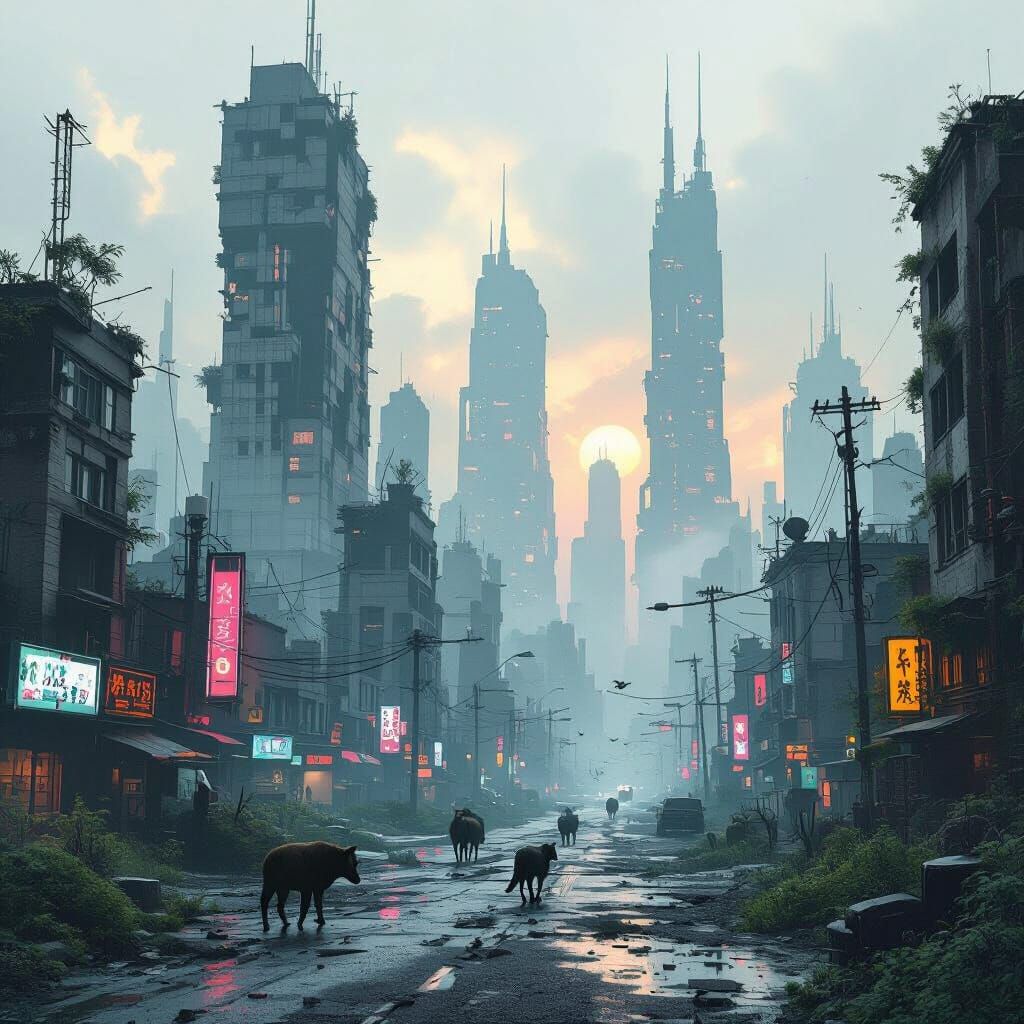 Dystopian Cityscape Reclaimed by Animals in Cyberpunk Style