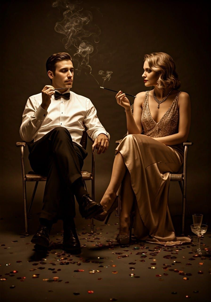 Glamorous Couple Relaxing After Party, Impressionist Style