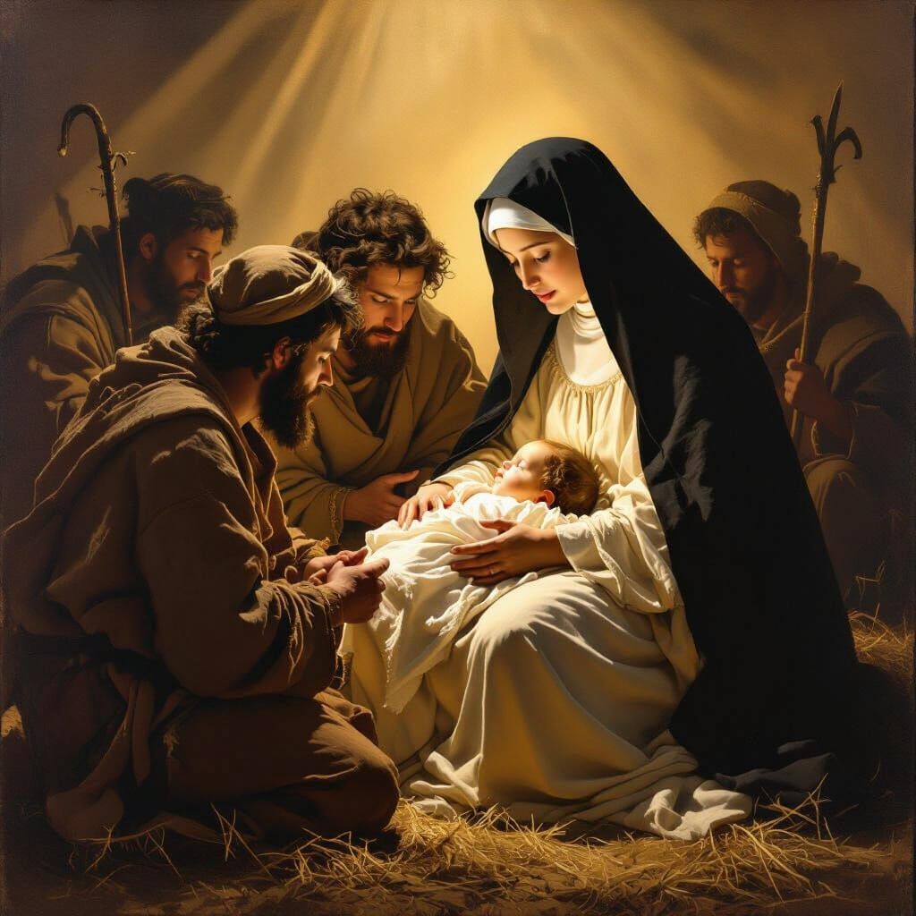 Shepherds Adore Baby Jesus in Golden Light