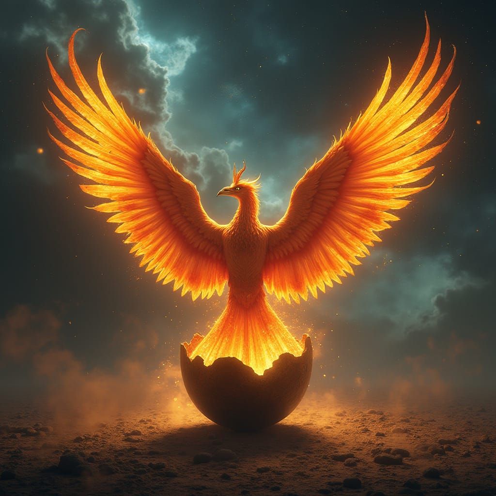 Majestic Phoenix Erupts From Obsidian Egg Amidst Cosmic Nebu...