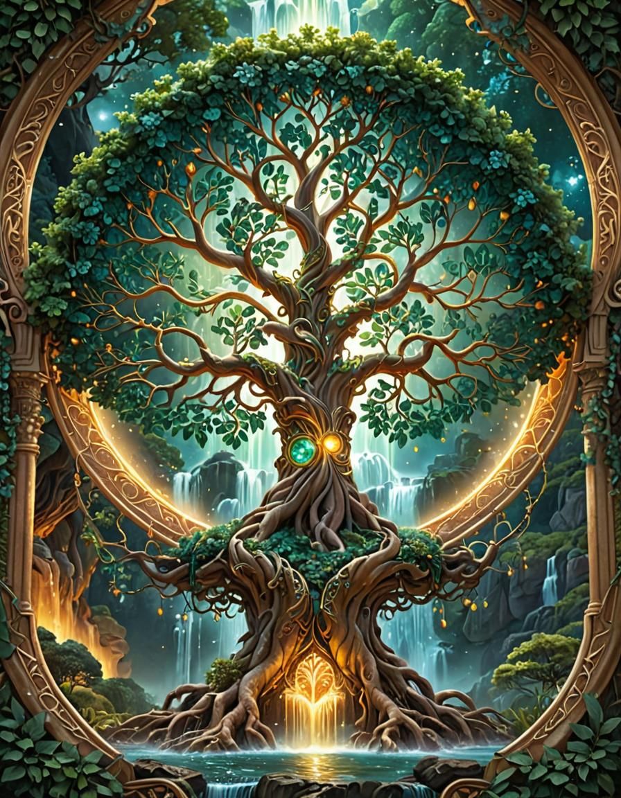 Yggdrasil: Celestial Tree of Life with Waterfall