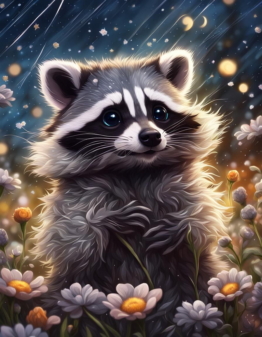 Fantasy Baby Raccoon Playing in Flower Rain