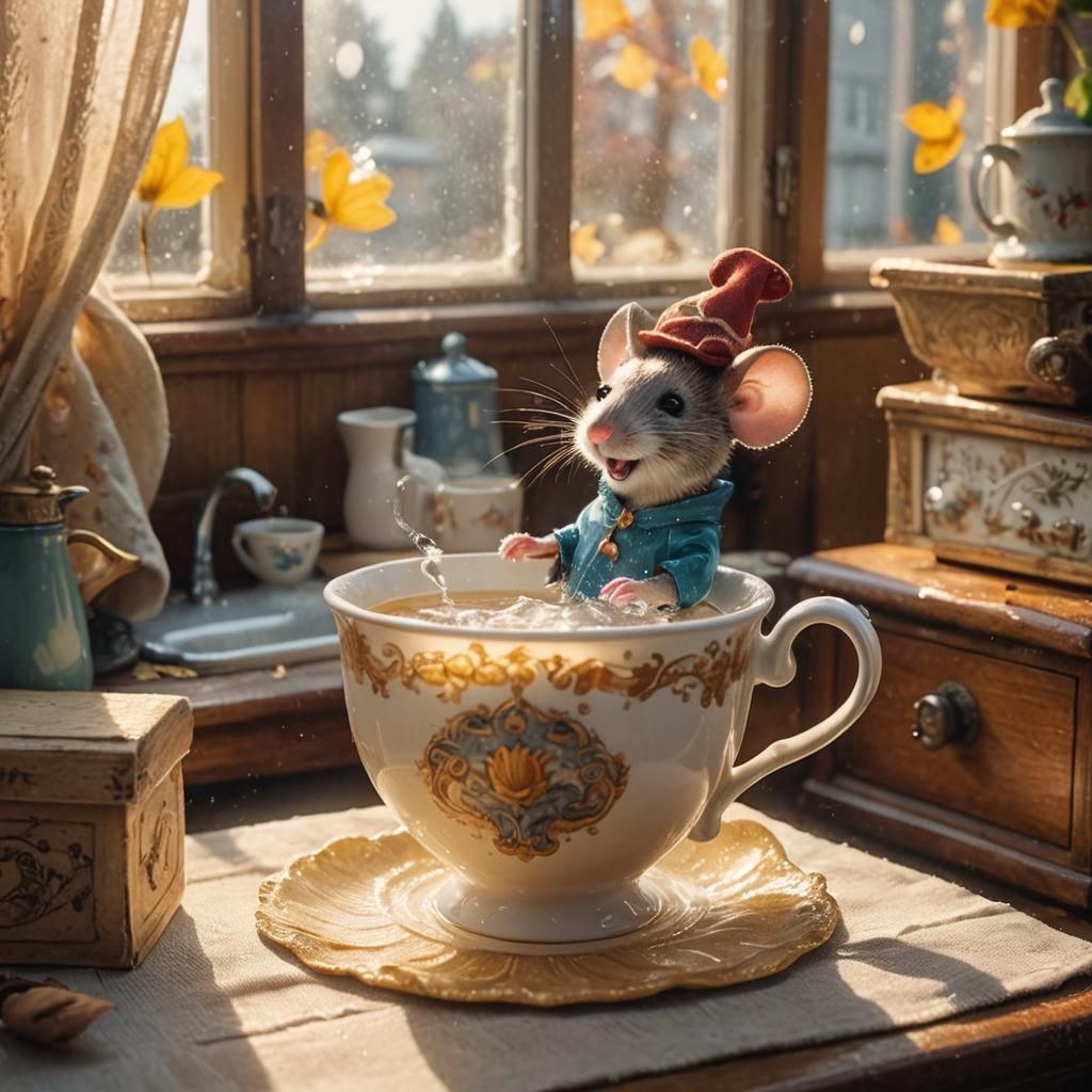 Mouse Bathing in Teacup, Magic Realism 3D Render
