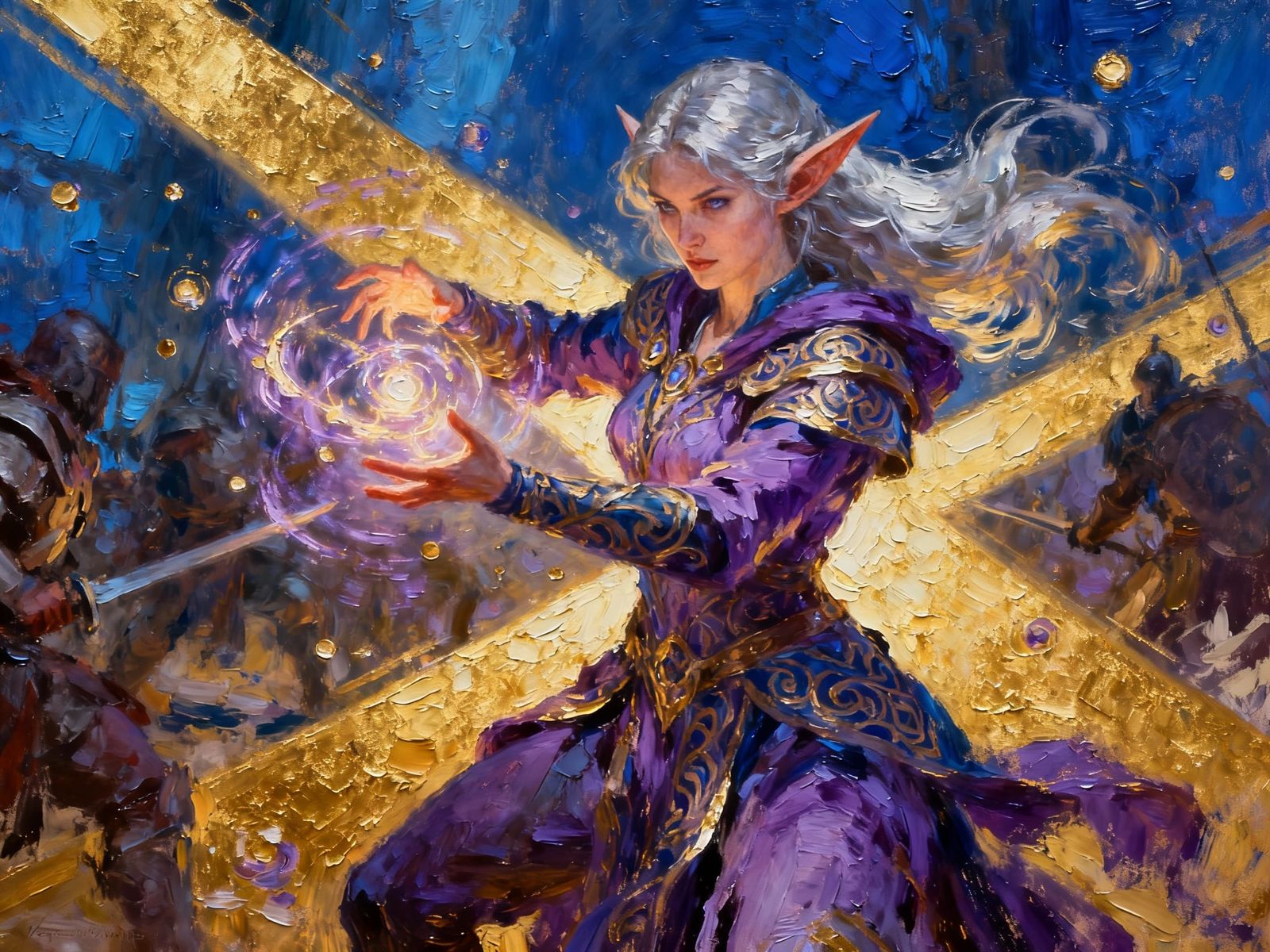 Female Elf Mage Weaving Spell in Battle as Impasto Painting
