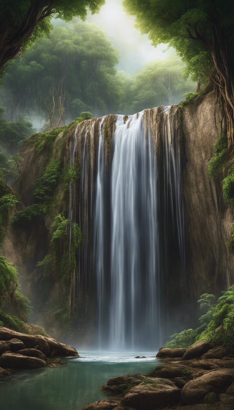 Majestic Waterfall Cascading Down Verdant Hillside