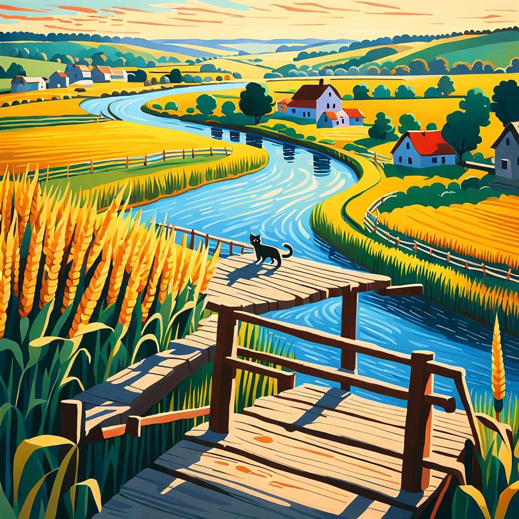 Cat on Bridge: Gouache Painting of Rural Landscape